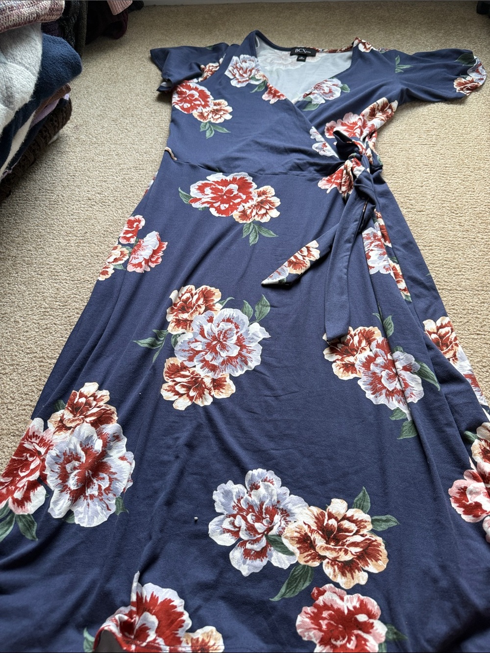 BCX Navy Floral Wrap Maxi Dress with Red & Cream Blooms